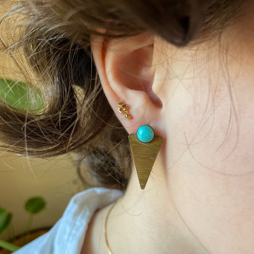 Cursive Jewelry Brand - Handmade Brass and Turquoise Geometric Shaped Earrings